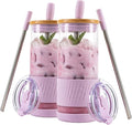 Pandaloo® Glass Cups With Lids and Straws -20 Fl Oz- Perfect Size Iced Coffee Cup - Smoothie Cup With Bamboo Lid and On the go Lid - Glass Tumbler (2 Count (Pack of 1), Lilac Rhapsody-Lilac Rhapsody) by Pandaloo