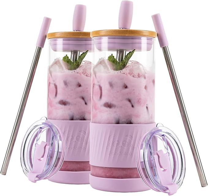 Pandaloo® Glass Cups With Lids and Straws -20 Fl Oz- Perfect Size Iced Coffee Cup - Smoothie Cup With Bamboo Lid and On the go Lid - Glass Tumbler (2 Count (Pack of 1), Lilac Rhapsody-Lilac Rhapsody) by Pandaloo