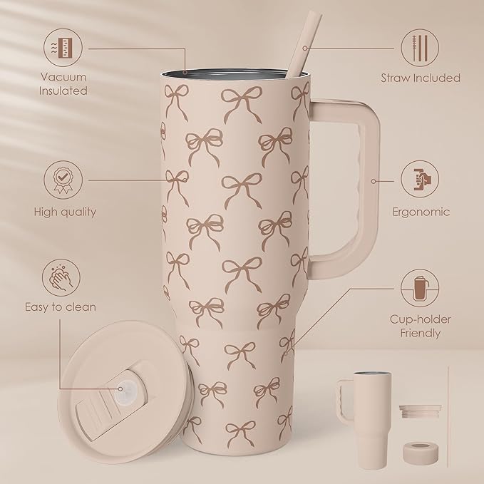 Bow Tumbler with Handle and Straw 40oz – Stainless Sleel Slider Tumbler Travel Coffee Mug for Women - Gift Idea for Birthday Christmas - Image 2