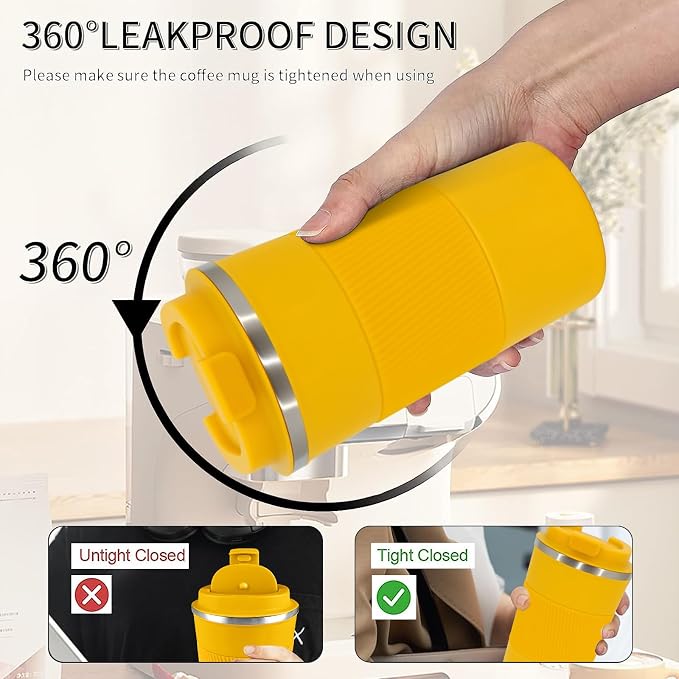 YINBAOGE Insulated Travel Coffee Mug, Spill & Leak Proof, Portable To Go Camping Stainless Steel Coffee Tumbler, Reusable Thermal Coffee Cup with Lid for Hot & Cold Drinks (Yellow, 17 OZ) - Image 3