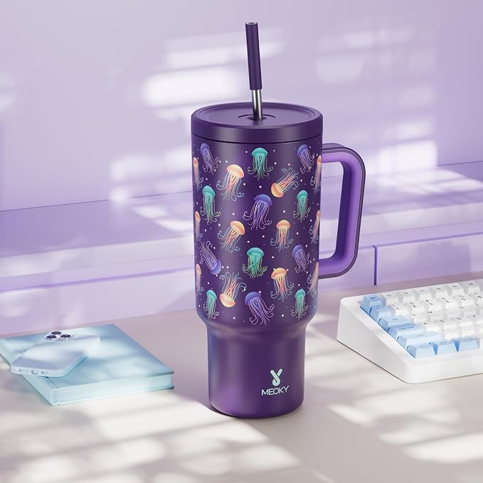 Meoky 40 oz Tumbler with Handle and Straw: Glow in the Dark Tumbler with Lid and Straw - Stainless Steel Insulated Tumbler for Car Cup Holders - Travelers Commuters Workers, Jellyfish - Image 7