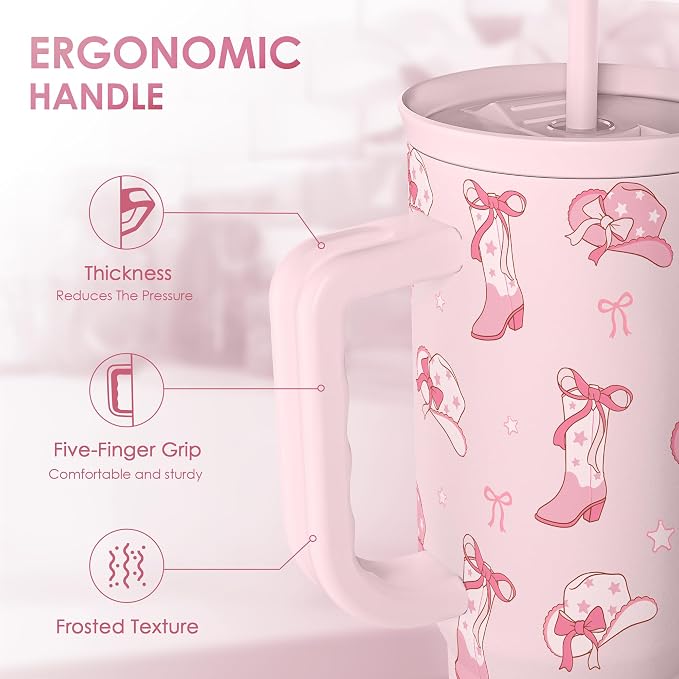 Cowgirl 40oz Slider Tumbler with Handle and Straw - Insulated Stainless Steel Travel Coffee Mug for Women Girls, Gift for Birthday, Christmas - Image 3