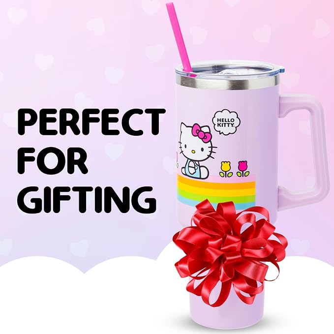 Silver Buffalo Sanrio Hello Kitty Spring and Summer Flowers Rainbow Stripes Double Walled Stainless Steel Tumbler with Handle and Straw, Fits in Standard Cup Holder, 40 Ounces - Image 7