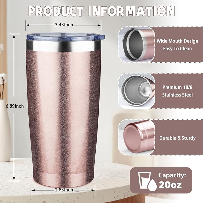 20 oz Tumbler with Lids and Straws, Stainless Steel Insulated Coffee Tumbler, Double Wall Vacuum Insulated Travel Mug Cup, Leakproof Thermal Coffee Cup for Hot and Cold Drinks (Rose Gold) - Image 2