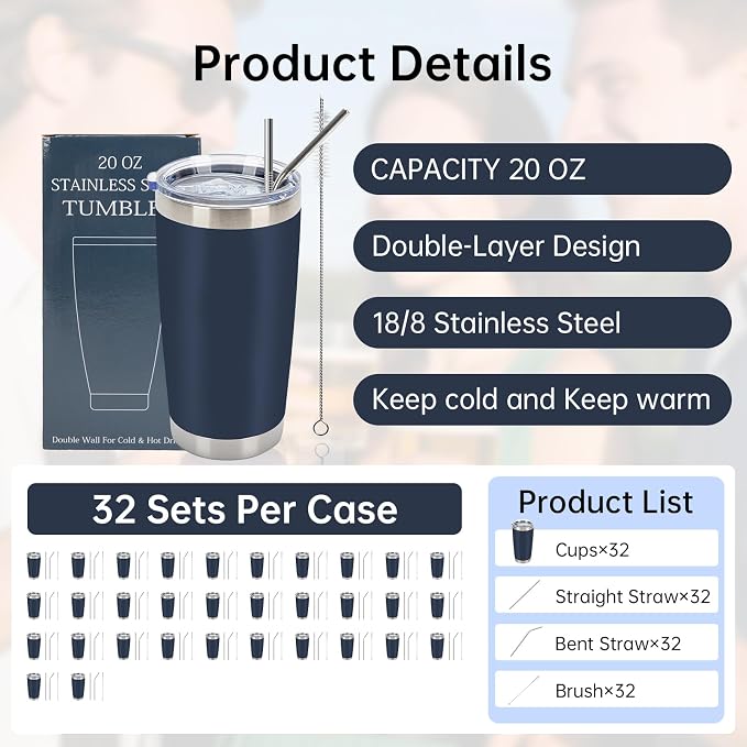 IEOVIEE 32 Pack, 20oz Stainless Steel Bulk Tumblers with Lids and Straws, Double Wall Insulated Travel Coffee Mug, Durable Powder Coated Tumbler Bulk Cup for Cold and Hot Drinks (Navy Blue) - Image 2