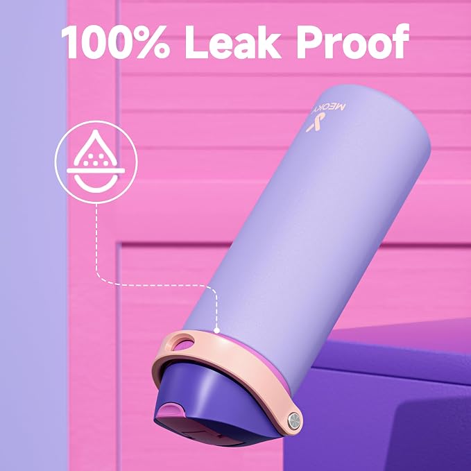 24 oz Insulated Water Bottle for Women: Meoky Stainless Steel Metal Water Bottle with 2-in-1 Straw and Spout Lid - Leak Proof, Cold for 24 Hours, Protective Silicone Base, BPA-Free for School, Orchid - Image 6