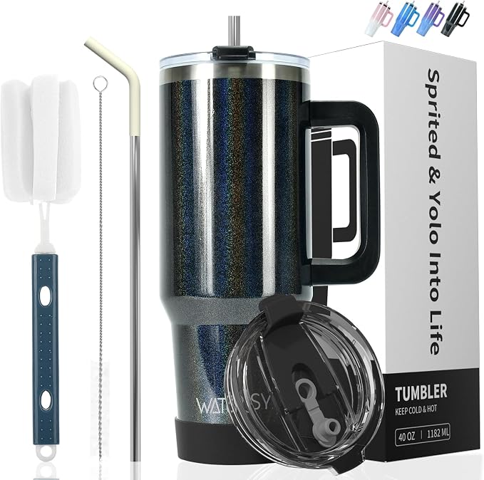 30 oz Shiny Tumbler with Handle,Tumbler with Lid and Straw,Double Wall Insulated Cup Stainless Steel Travel Mug(Cold for 34 Hours),Water Bottle for Iced Tea,Coffee,Cold Beverages(Black) by Watersy