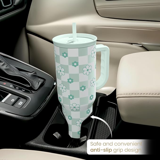 SANDJEST 40oz Daisy Flower Tumbler with Handle and Straw - Insulated Stainless Steel Coffee Travel Mug for Women Girls, Floral Gift Idea for Birthday Christmas - Image 7