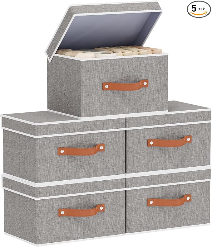 Fabric Storage Bins with Lids, Linen Foldable Clothes Boxes, Closet Organizer by YheenLf