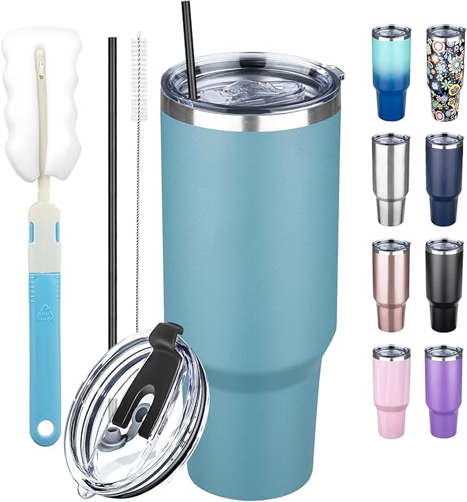 40 oz Tumbler with Lids and Straws, Stainless Steel Insulated Coffee Tumbler, Double Wall Vacuum Insulated Travel Mug Cup, Leakproof Thermal Coffee Cup for Hot and Cold Drinks (azure blue) by GUDEMAO