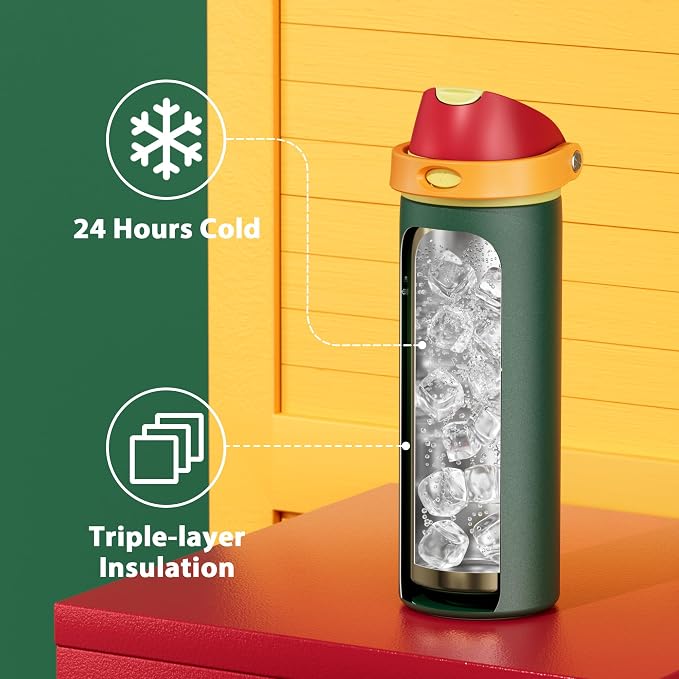 24 oz Insulated Water Bottle with Straw: Meoky Stainless Steel Metal Water Bottle with 2-in-1 Lid - Leak Proof, Cold for 24 Hours, Protective Silicone Base, BPA-Free for Sports Travel Car, Evergreen - Image 4