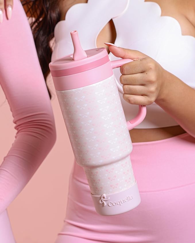 40 oz Insulated Tumbler with Handle and Push-Button Straw Lid, Stainless Steel Travel Cup for Gym Office, Leakproof, BPA-Free, Cup Holder Friendly, Bow Silicone Boot, Pink (Coquette Blush) - Image 7