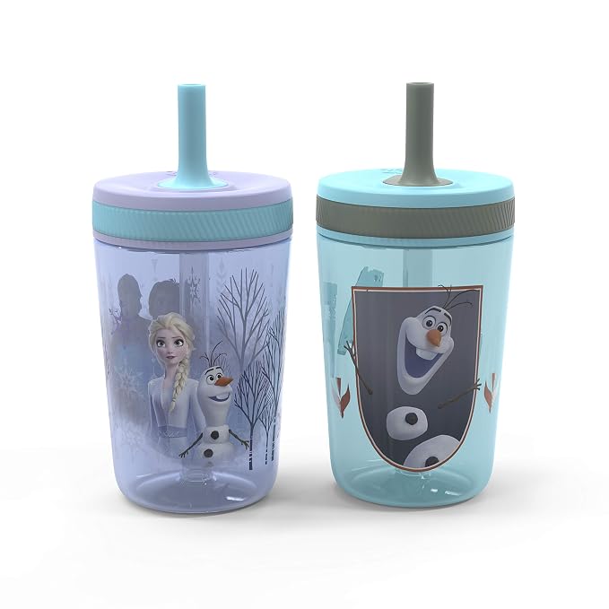 Zak Designs Disney Frozen II Movie Kelso Tumbler Set, Leak-Proof Screw-On Lid with Straw, Made of Durable Plastic and Silicone, Perfect Bundle for Kids (Frozen 2 Olaf, 15 oz, 2pc Set) by ZakDesigns