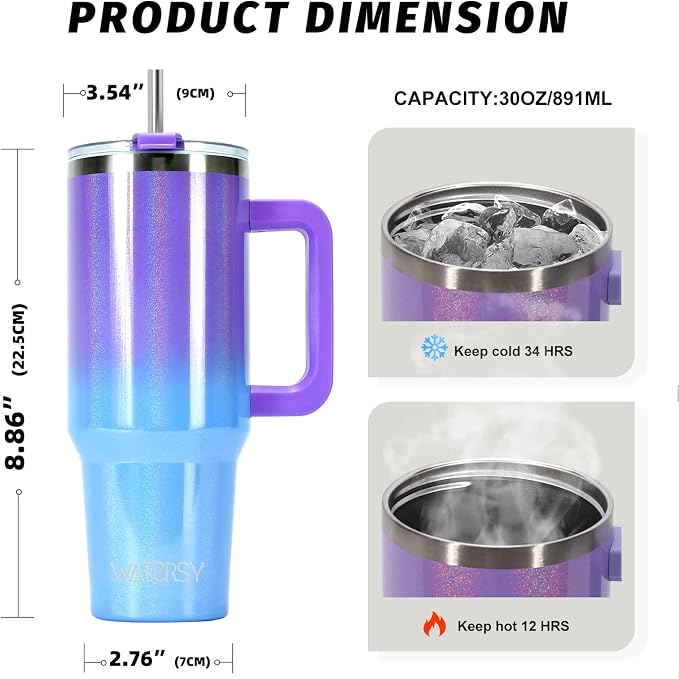 30 oz Shiny Tumbler with Handle and Straw,Stainless Steel Tumbler with Lid and Straw,Insulated Travel Mug(Cold for 34 Hours),Water Bottle for Iced Tea,Coffee (Purple) - Image 3