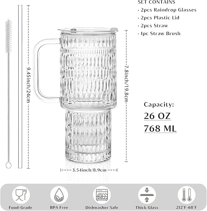 INSETLAN 26oz Raindrop Glass Tumbler with Handle and Lid, Set of 2 – Reusable Iced Coffee Cups with Lids, Clear Glass Cups with Straw for Coffee, Smoothies, Tea, Juice – Perfect for any Occasion - Image 2