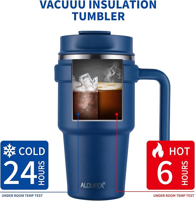 ALOUFEA 20 oz Insulated Coffee Mug Tumbler with Handle, Stainless Steel Travel Mug Tumbler with Lid and Straw,Double Wall Vacuum Leak Proof Ice Coffee Thermal Cup, Navy/Dark Rainbow - Image 5