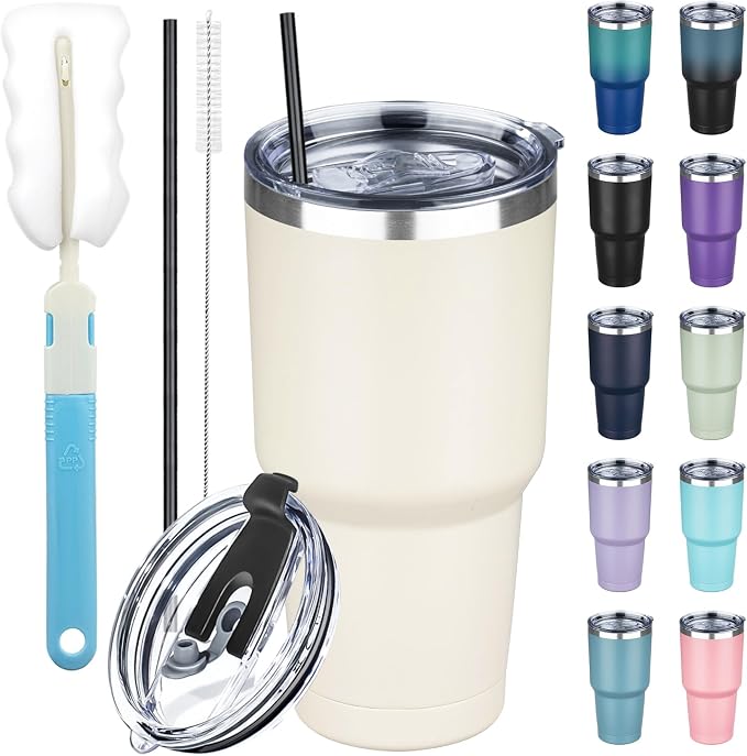 30 oz Tumbler with Lids and Straws, Stainless Steel Insulated Coffee Tumbler, Double Wall Vacuum Insulated Travel Mug Cup, Leakproof Thermal Coffee Cup for Hot and Cold Drinks (Cream) by GUDEMAO