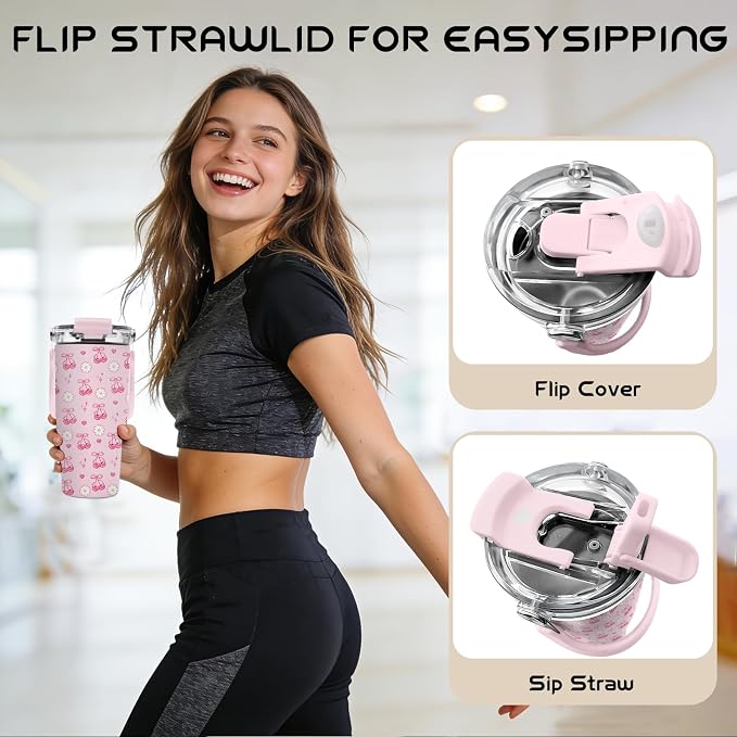 20oz Cherry Tumblers - Pink Cherry Tumbler with Straw Handle, Leak-proof, BPA-free, Double Wall Insulated, Pink Gifts Cup for Girls, Insulated Coffee Tumbler Bows Stainless Steel Cup for Women Kids - Image 3