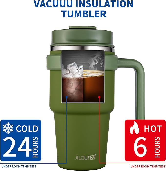 ALOUFEA 20 oz Insulated Coffee Mug Tumbler with Handle, Stainless Steel Travel Mug Tumbler with Lid and Straw,Double Wall Vacuum Leak Proof Ice Coffee Thermal Cup, Army Green - Image 4