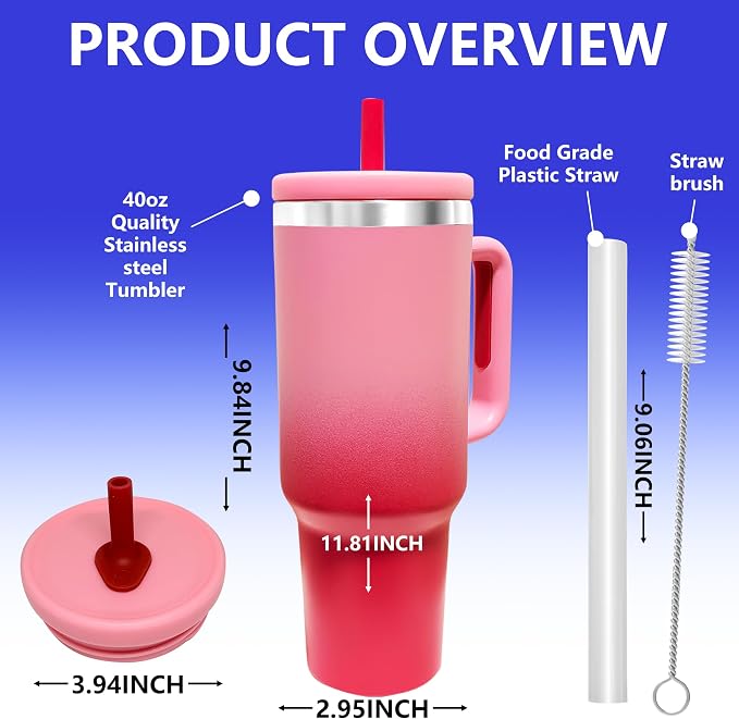 40-OZ Insulated Water Bottle,Insulated Stainless Steel Tumbler,Reusable Cold Drink Thermos,BPA-Free, Double-Wall Stainless Steel Water Bottle (Pink Gradient, 40, Fluid Ounces) - Image 2