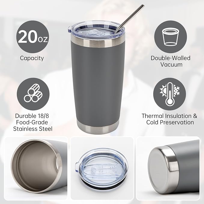 IEOVIEE 32 Pack, 20oz Stainless Steel Bulk Tumblers with Lids and Straws, Double Wall Insulated Travel Coffee Mug, Durable Powder Coated Tumbler Bulk Cup for Cold and Hot Drinks (Grey) - Image 5