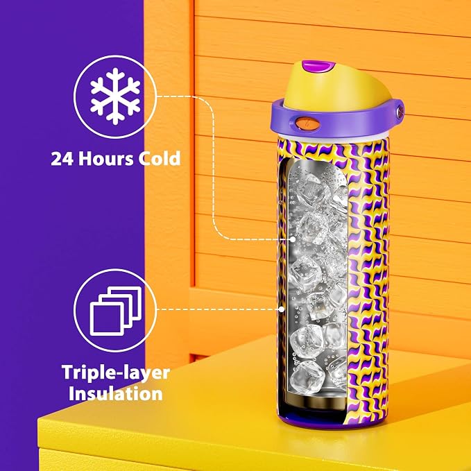 24 oz Insulated Water Bottle with Straw: Meoky Stainless Steel Water Bottle with Holder and Strap - Leak Proof, Cold for 24 Hours, Fits in Car Cup Holder, BPA-Free for Travel Sports Gym, Optic Wave - Image 4