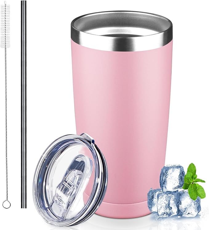 20 oz Tumbler with Lids and Straws, Stainless Steel Insulated Coffee Tumbler, Double Wall Vacuum Insulated Travel Mug Cup, Leakproof Thermal Coffee Cup for Hot and Cold Drinks (light pink) by GUDEMAO