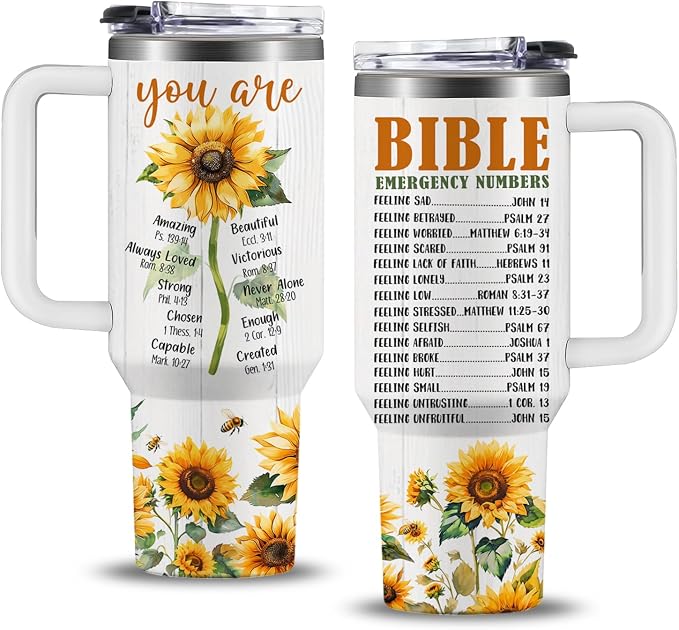 Sunflower Christian Gifts for Women, 40 oz Bible Emergency Numbers Tumbler with Lid and Straw, Inspirational Religious Birthday Gifts for You are Cup Christian by NIAXAUYT