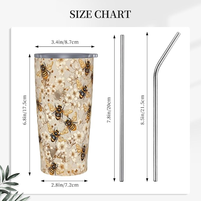 Bee Tumbler with Lid and Straw 20oz Vacuum Insulated Coffee Cup Stainless Steel Tumblers Leakproof Travel Mug Present for Women Men - Image 2