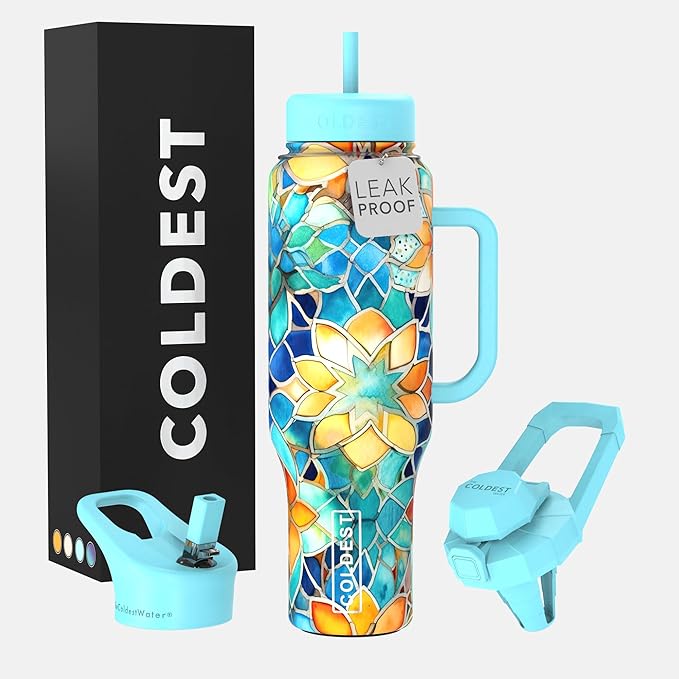 Coldest Tumbler with Handle and Straw, 100% Leak Proof Insulated Tumbler with Lid and Straw (3 Lids), Stainless Steel Tumblers for Women & Men, Cup Holder Friendly, 46 oz (Morrocan Vibes) by Coldest