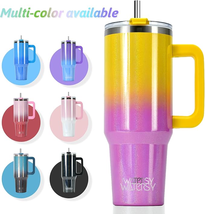 40 oz Shiny Tumbler with Handle and Straw,Stainless Steel Tumbler with Lid and Straw,Insulated Travel Mug(Cold for 34 Hours),Water Bottle for Iced Tea,Coffee (Yellow) - Image 6