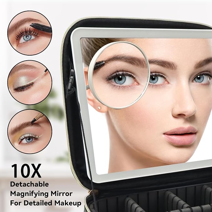 Travel Makeup Bag with LED Mirror and 10x magnifying glass with 3 Lighted - Image 2