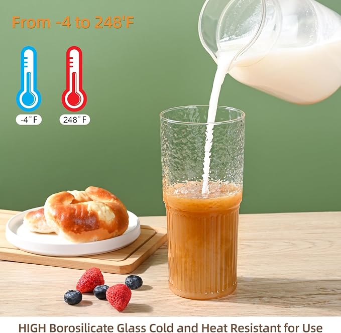 20oz Glass Cups With Glass Lids and Straws, High Borosilicate Iced Coffee Cups, Reusable Glass Tumblers for Coffee, Tea, Juice, Smoothies, Hot/Cold Drinks at Home, Office - 4 Packs - Image 2