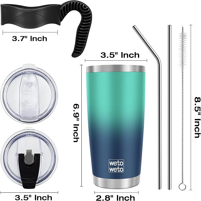 WETOWETO 20oz Insulated Stainless Steel Tumbler, Coffee Mug with 2 Lids and 2 Straws, Vacuum Sealed, Leak-Proof for Travel (Green-Blue Gradient, 1 Pack) - Image 3