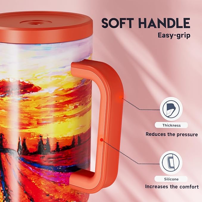 Meoky 40 oz Tumbler with Handle and Straw: Stainless Steel Insulated Tumbler with Lid and Straw - 100% Leak Proof Tumbler for Car Cup Holders - Travelers Commuters Workers, Red Floral - Image 6