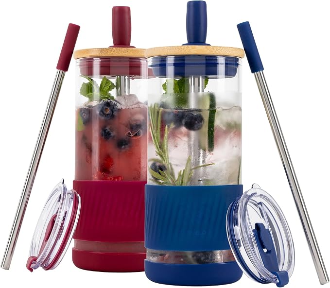 Pandaloo® Glass Cups With Lids and Straws -20 Fl Oz- Perfect Size Iced Coffee Cup - Smoothie Cup With Bamboo Lid and On the go Lid - Glass Tumbler (2 Count (Pack of 1), Boysenberry-Galactic Blue) by Pandaloo