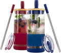 Pandaloo® Glass Cups With Lids and Straws -20 Fl Oz- Perfect Size Iced Coffee Cup - Smoothie Cup With Bamboo Lid and On the go Lid - Glass Tumbler (2 Count (Pack of 1), Boysenberry-Galactic Blue) by Pandaloo