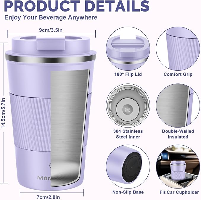 MOMSIV 12oz Travel Mug, Insulated Coffee Cup with Leakproof Lid, Vacuum Stainless Steel Double Walled Reusable Tumbler for Hot and Cold Water Coffee and Tea In Travel and Car - Image 2