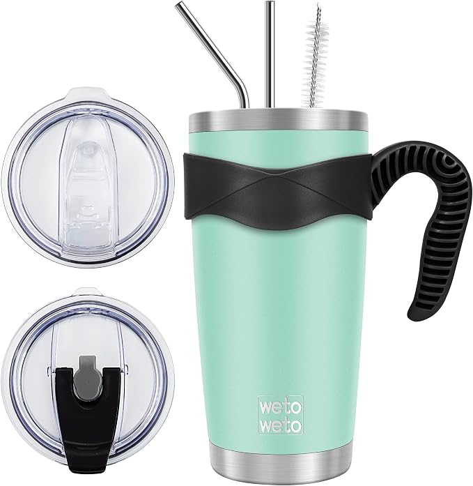 WETOWETO 20oz Tumbler with 2 lids and 2 straws, Stainless Steel Vacuum Insulated Water Coffee Tumbler Cup with Handle, Double Wall Powder Coated Travel Mug Thermal Cup (Light Green, 1 Pack) by Wetoweto