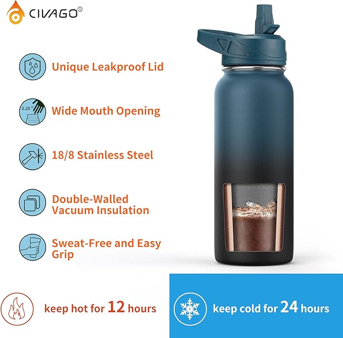 CIVAGO Gallon Insulated Water Bottle Jug with Straw, 128 oz Large Stainless Steel Water Flask, Big Metal Thermal Mug with 3 Lids for Sports, Travel, Gym, and Camping, Black - Image 3