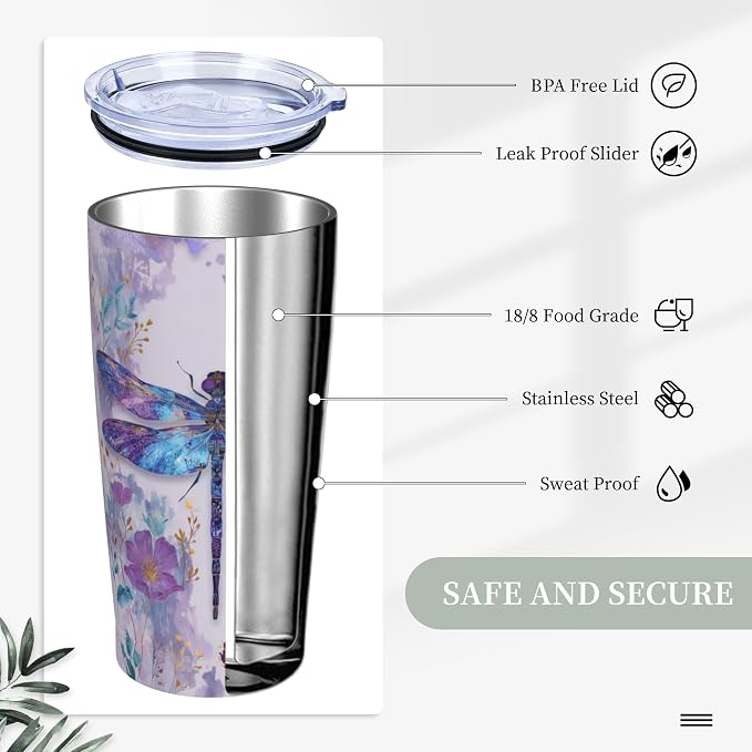 Dragonfly Tumbler with Lid and Straw 20oz Vacuum Insulated Coffee Cup Stainless Steel Tumblers Leakproof Travel Mug Present for Women Men - Image 3