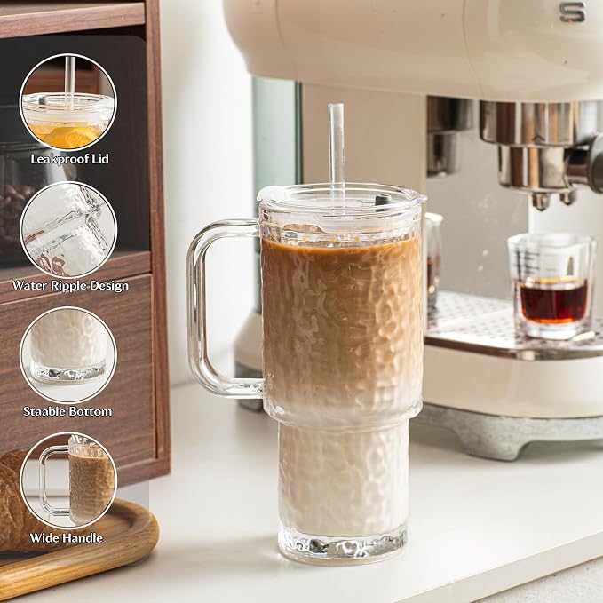 INSETLAN 26oz Water Ripple Glass Tumbler with Handle and Lid, Set of 2 – Reusable Iced Coffee Cups with Lids, Clear Glass Cups with Straw for Coffee, Smoothies, Tea, Juice – Perfect for any Occasion - Image 7
