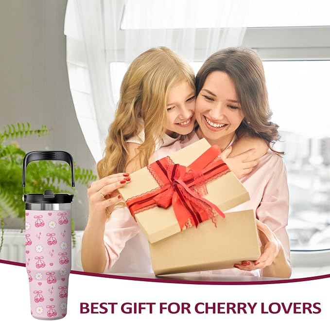 Pink Cherry Tumbler 30oz with Handle - Stainless Steel Insulated Cup, Leakproof Water Bottle with Cherry Design for Women & Girls, Perfect Birthday Christmas Gift - Image 7