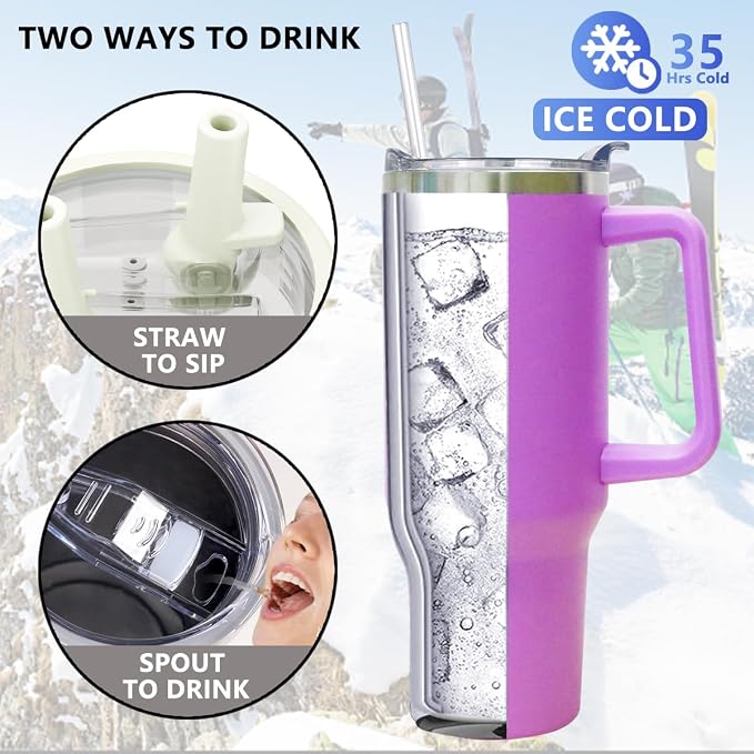 SYACOT 40 oz Tumbler with Handle and Straw Stainless Steel Insulated Tumbler Leak Proof Lid and Straw Lid Reusable Travel Mug Coffee Mug Cup Dishwasher Safe Keep Drinks Cold and Hot (Lilac) - Image 3