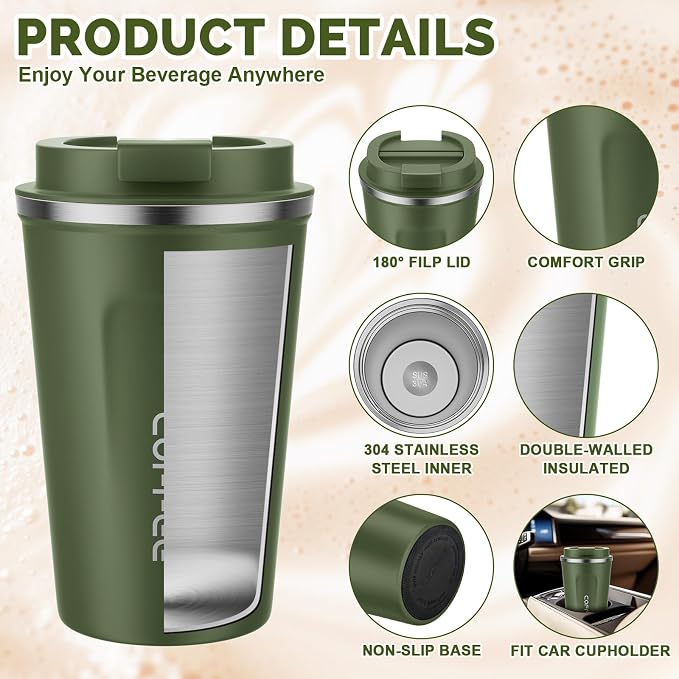 MOMSIV 12oz Travel Mug, Insulated Coffee Cup with Leakproof Lid, Vacuum Stainless Steel Double Walled Reusable Tumbler for Hot and Cold Water Coffee and Tea In Travel and Car Armygreen - Image 3