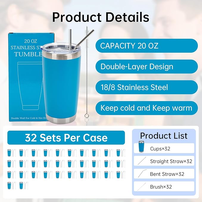 IEOVIEE 32 Pack, 20oz Stainless Steel Bulk Tumblers with Lids and Straws, Double Wall Insulated Travel Coffee Mug, Durable Powder Coated Tumbler Bulk Cup for Cold and Hot Drinks (Light Blue) - Image 2