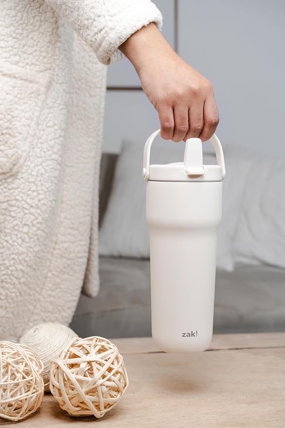 Zak Designs Sutton Travel Tumbler for On the Go, 30oz Stainless Steel with Vacuum Insulation, Straw Spout, Carry Handle for Cold Drinks (Cream White) - Image 9
