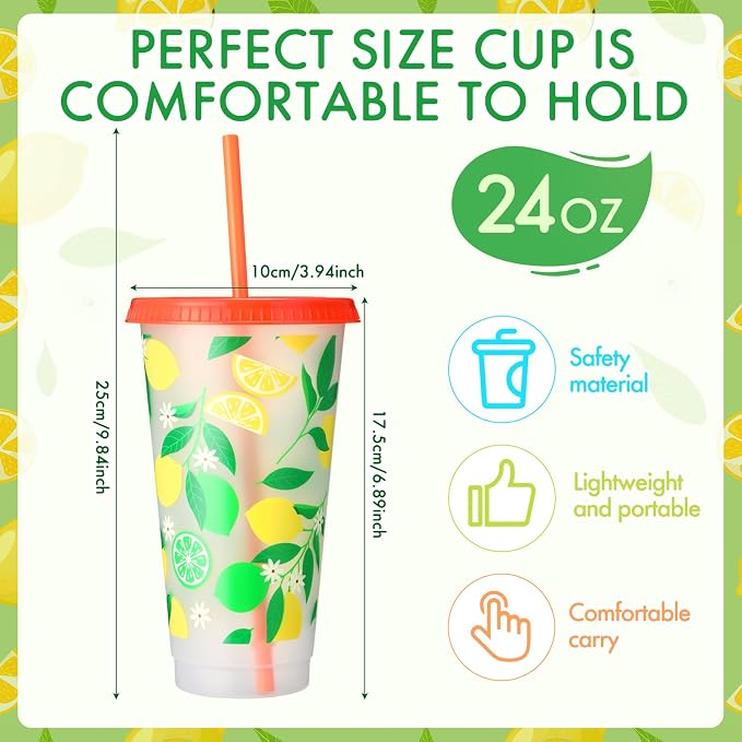 Honeydak 24 oz Lemon Tumbler with Straw and Lid Gifts Reusable Plastic Cups Bulk Water Bottle Iced Coffee Travel Mug Cup for Birthday Party - Image 4