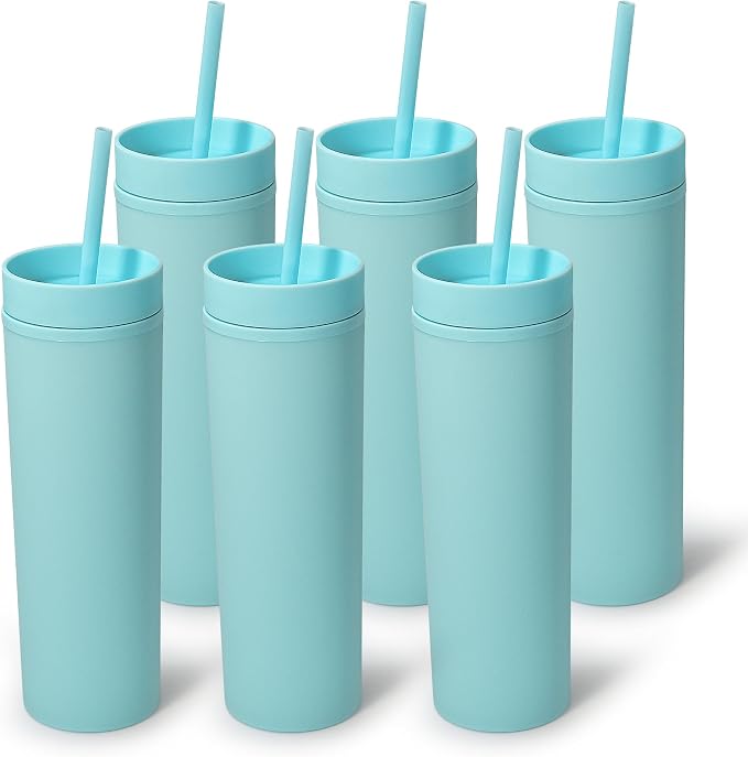 sweet grain Skinny Tumblers with Lids and Straws(6 Pack) - 16oz Matte Pastel Colored Skinny Acrylic Tumblers, Double Wall Plastic Tall Skinny Tumblers Bulk for Cold Hot Drinks - Sky Blue by sweetgrain