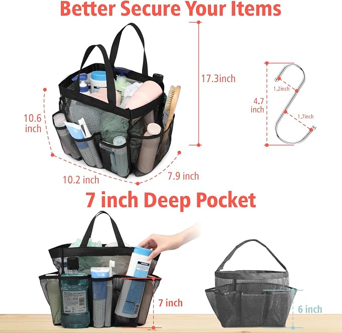 F-color Mesh Shower Caddy Portable, Upgrade Deeper 7 Pockets Shower Bag Basket - Image 3